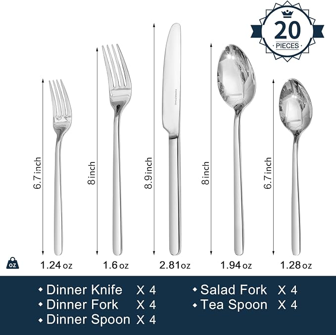 KINGSTONE Silverware Set, 20 Piece Flatware Cutlery Set for 4, 18/10 Stainless Steel Silverware Mirror Polished Dishwasher Safe for Home, Restaurant, Wedding, Party(Silver, 20 pieces for 4)v