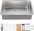 28 Inch Undermount Workstation Kitchen Sink, 16 Gauge Stainless Steel Single Bowl, 9 in. Deep, with Bamboo Cutting Board, Roll-Up Rack, Colander, Bottom Grid & Drain, Fits 30 in. Cabinet
