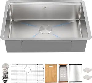 28 Inch Undermount Workstation Kitchen Sink, 16 Gauge Stainless Steel Single Bowl, 9 in. Deep, with Bamboo Cutting Board, Roll-Up Rack, Colander, Bottom Grid & Drain, Fits 30 in. Cabinet