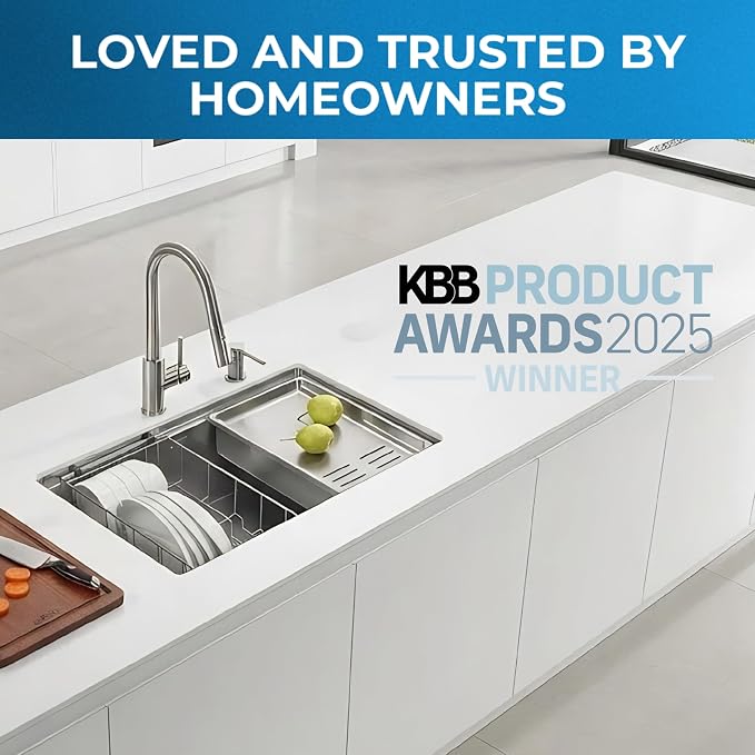 Zuhnë Neste V5 33-Inch Workstation Kitchen Sink, Single Bowl True 16 Gauge 316 Stainless Steel, Honeycomb Texture, Nano Coating, Reversible Offset Drain, 33 7/8 x 18 1/8 x 10 in