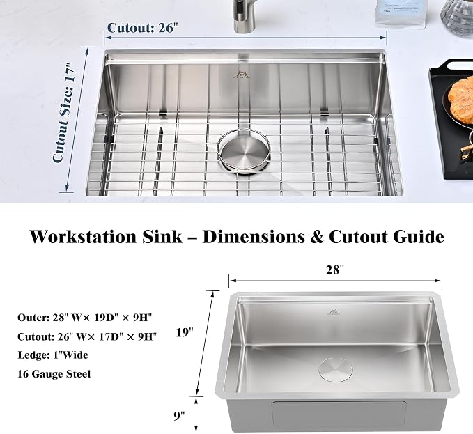28 Inch Undermount Workstation Kitchen Sink, 16 Gauge Stainless Steel Single Bowl, 9 in. Deep, with Bamboo Cutting Board, Roll-Up Rack, Colander, Bottom Grid & Drain, Fits 30 in. Cabinet