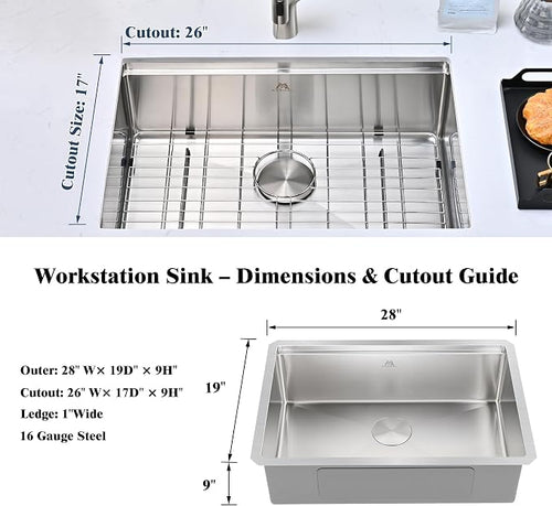 28 Inch Undermount Workstation Kitchen Sink, 16 Gauge Stainless Steel Single Bowl, 9 in. Deep, with Bamboo Cutting Board, Roll-Up Rack, Colander, Bottom Grid & Drain, Fits 30 in. Cabinet