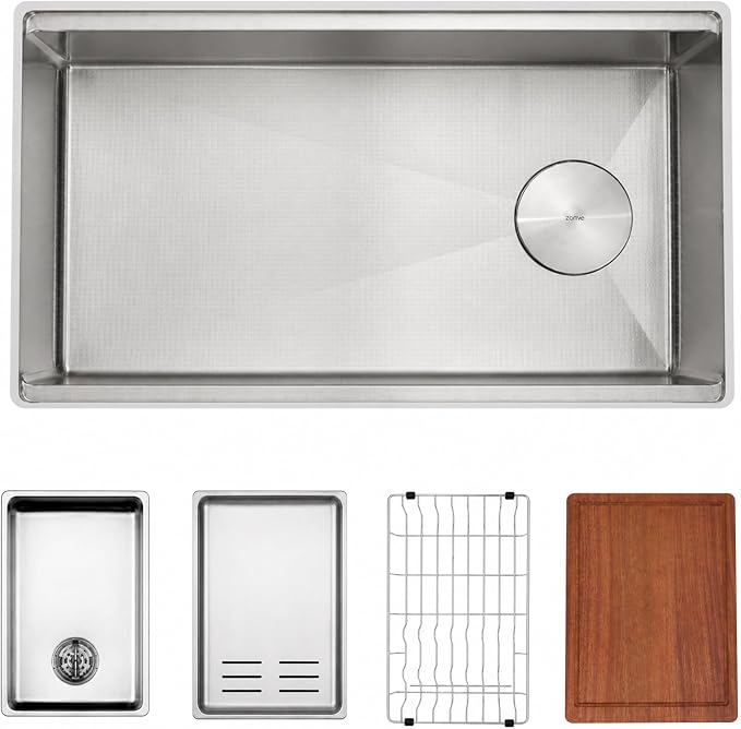 Zuhnë Neste V5 33-Inch Workstation Kitchen Sink, Single Bowl True 16 Gauge 316 Stainless Steel, Honeycomb Texture, Nano Coating, Reversible Offset Drain, 33 7/8 x 18 1/8 x 10 in