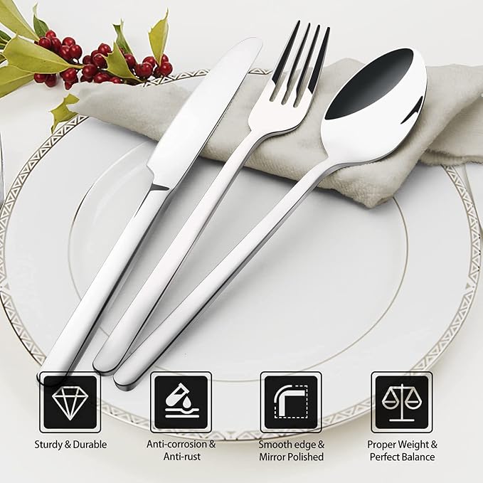 KINGSTONE Silverware Set, 20 Piece Flatware Cutlery Set for 4, 18/10 Stainless Steel Silverware Mirror Polished Dishwasher Safe for Home, Restaurant, Wedding, Party(Silver, 20 pieces for 4)v