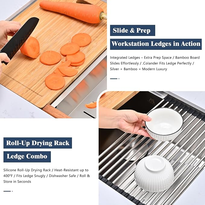 28 Inch Undermount Workstation Kitchen Sink, 16 Gauge Stainless Steel Single Bowl, 9 in. Deep, with Bamboo Cutting Board, Roll-Up Rack, Colander, Bottom Grid & Drain, Fits 30 in. Cabinet