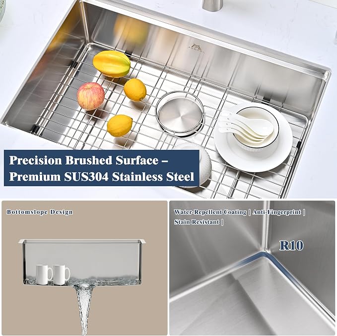 28 Inch Undermount Workstation Kitchen Sink, 16 Gauge Stainless Steel Single Bowl, 9 in. Deep, with Bamboo Cutting Board, Roll-Up Rack, Colander, Bottom Grid & Drain, Fits 30 in. Cabinet