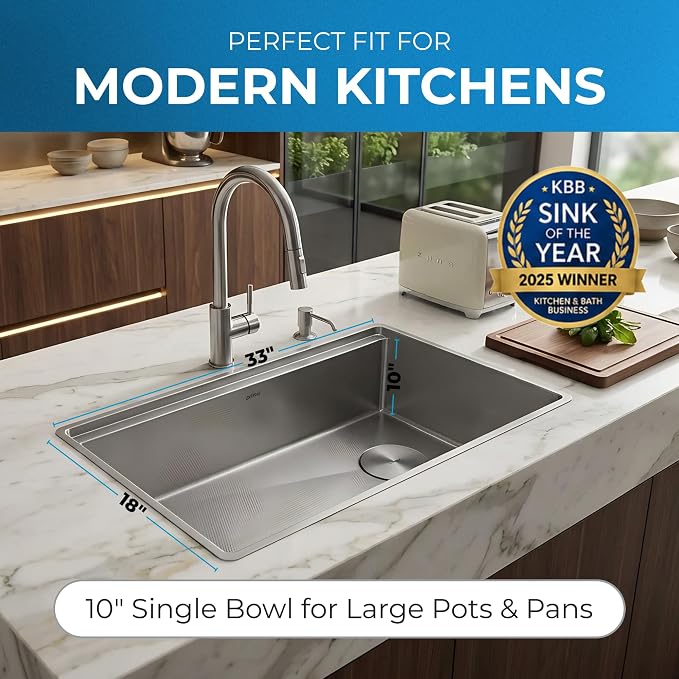 Zuhnë Neste V5 33-Inch Workstation Kitchen Sink, Single Bowl True 16 Gauge 316 Stainless Steel, Honeycomb Texture, Nano Coating, Reversible Offset Drain, 33 7/8 x 18 1/8 x 10 in