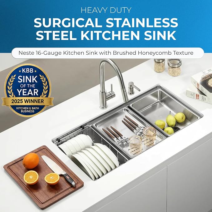 Zuhnë Neste V5 33-Inch Workstation Kitchen Sink, Single Bowl True 16 Gauge 316 Stainless Steel, Honeycomb Texture, Nano Coating, Reversible Offset Drain, 33 7/8 x 18 1/8 x 10 in